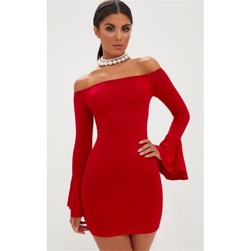 Kırmızı İspanyol Kol Dar Elbise