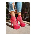 Lea Kırmızı Süet Kırmızı Fileli Yüksek Topuklu Ayakkabı