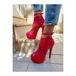 Lea Kırmızı Süet Kırmızı Fileli Yüksek Topuklu Ayakkabı