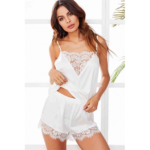 Dantel İşlemeli saten Şortlu Pijama Takım Beyaz