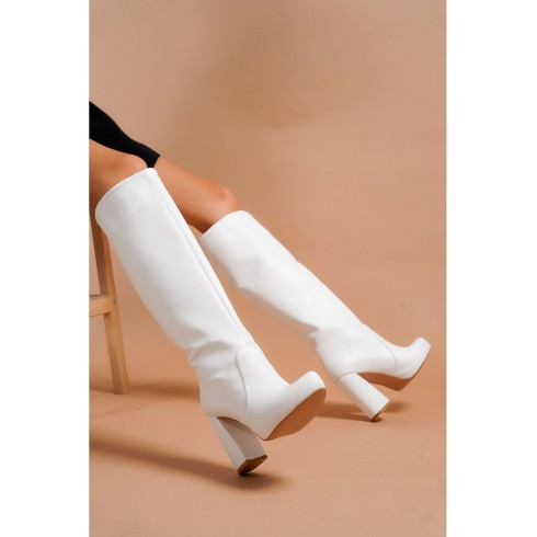 Sammy Beyaz Renk Topuklu Kadın Çizme