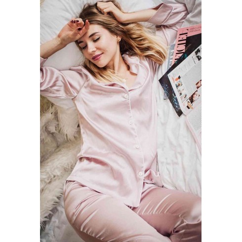 Saten Pijama Takım Düğmeli Pembe Açık