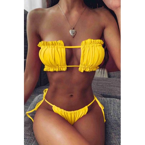 Brezilya Model Büzgülü Bağlamalı Bikini Takım Sarı