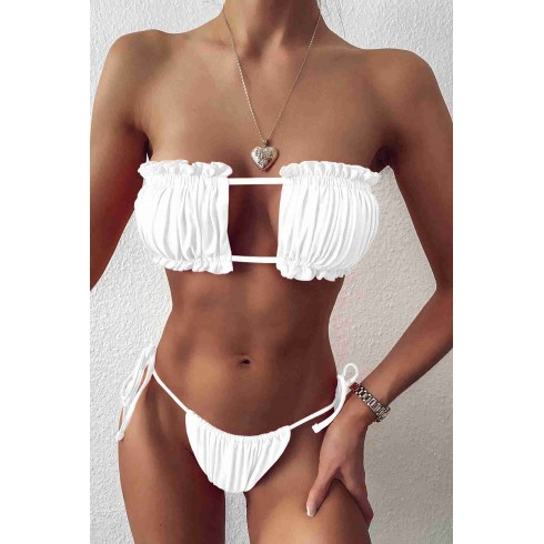 Brezilya Model Büzgülü Bağlamalı Bikini üst Beyaz