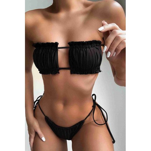 Brezilya Model Büzgülü Bağlamalı Bikini üst Siyah